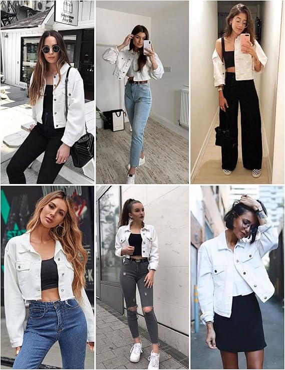 Women's Jean Jacket Frayed Washed Button Up Cropped Denim